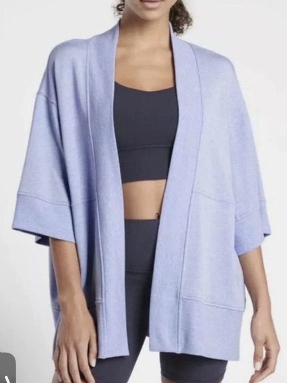 Athleta Lotus Wrap Jacket Cardigan Blue Soft Knit Oversized Pockets S/M